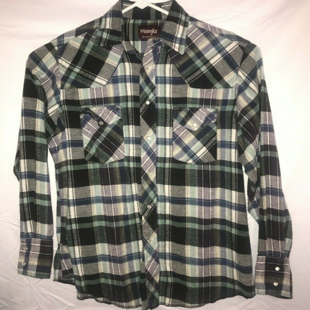 Wrangler Men L Pearl Snap Plaid Long Sleeve Shirt